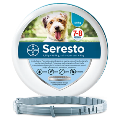 SERESTO*collare antiparassitario 12,5 g (38 cm) per cani (peso fino a 8 Kg) SERESTO*collare antiparassitario 12,5 g (38 cm) per cani (peso fino a 8 Kg)