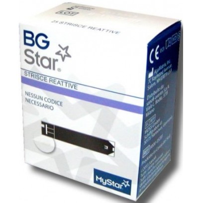 STRISCE PER MISURAZIONE GLICEMIA BGSTAR 25 PEZZI COMPATIBILICON MISURATORE DI GLICEMIA MYSTAR EXTRA