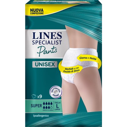 LINES SPECIALIST PANTS SUPER L X 9 PANNOLONE MUTANDINA INDOSSABILE COME NORMALE BIANCHERIA TIPO PULL-ON LINES SPECIALIST PANTS SUPER L X 9 PANNOLONE MUTANDINA INDOSSABILE COME NORMALE BIANCHERIA TIPO PULL-ON